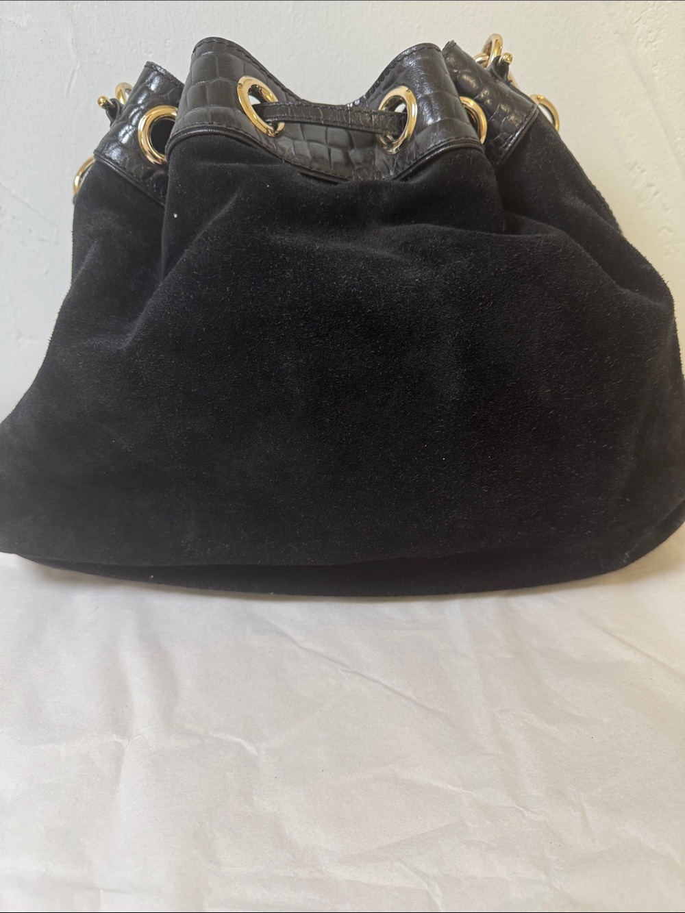 Cole Haan Black Suede Drawstring Shoulder Bag with Gold Hardware - Picture 2 of 12
